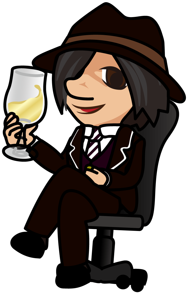 椅子に腰かけワイングラスを片手に持ち不敵な笑みを浮かべるセールスマン「はたさん」
