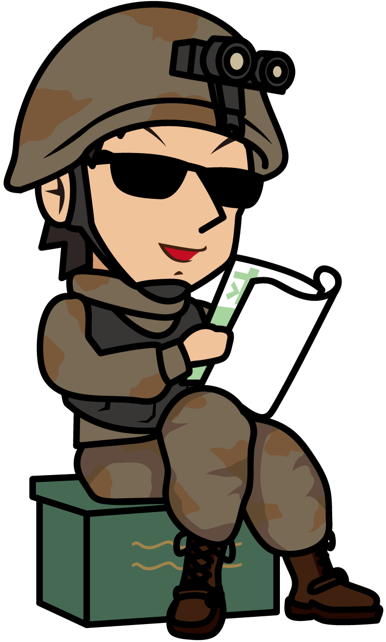 弾薬箱に座って求人情報誌を見る戦闘服の兵士のイラスト素材 とびぃ Veglキャラクターイラスト素材