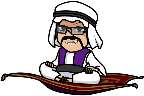 空飛ぶ絨毯に乗ってほくそ笑むアラブの商人「うりぼぅ」