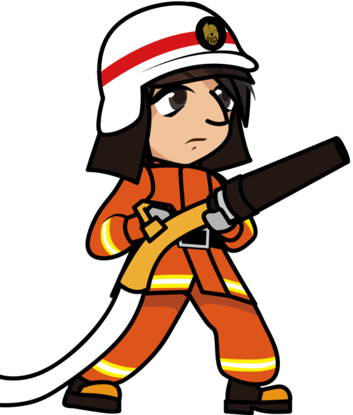 ホースを構えるオレンジ色の防火服の消防隊員「准さん」