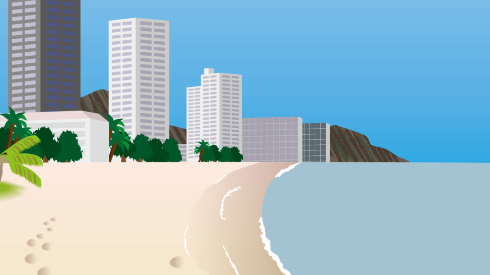 遠くにビルの見えるビーチの背景イラスト素材 Veglキャラクターイラスト素材
