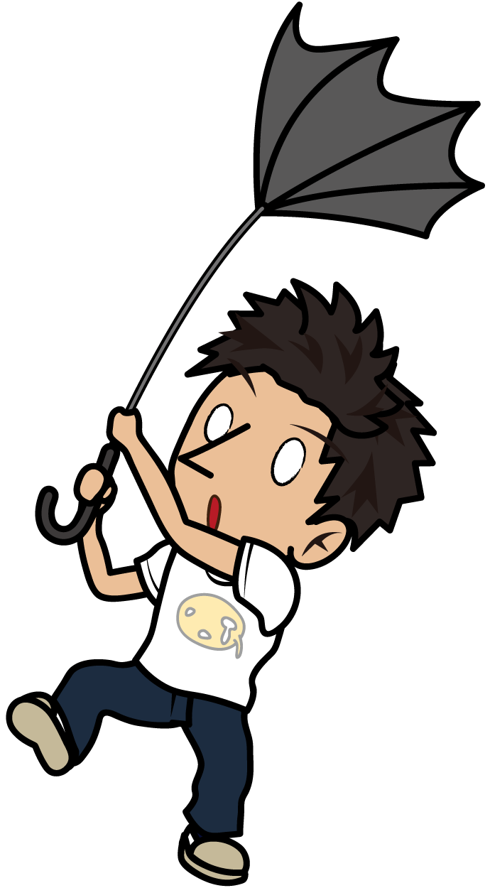 風で裏返った傘をつかむTシャツの若者「とびぃ」