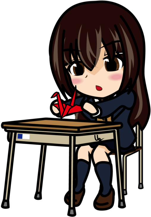 机に座って折鶴を折る女子高生「あーたむ」