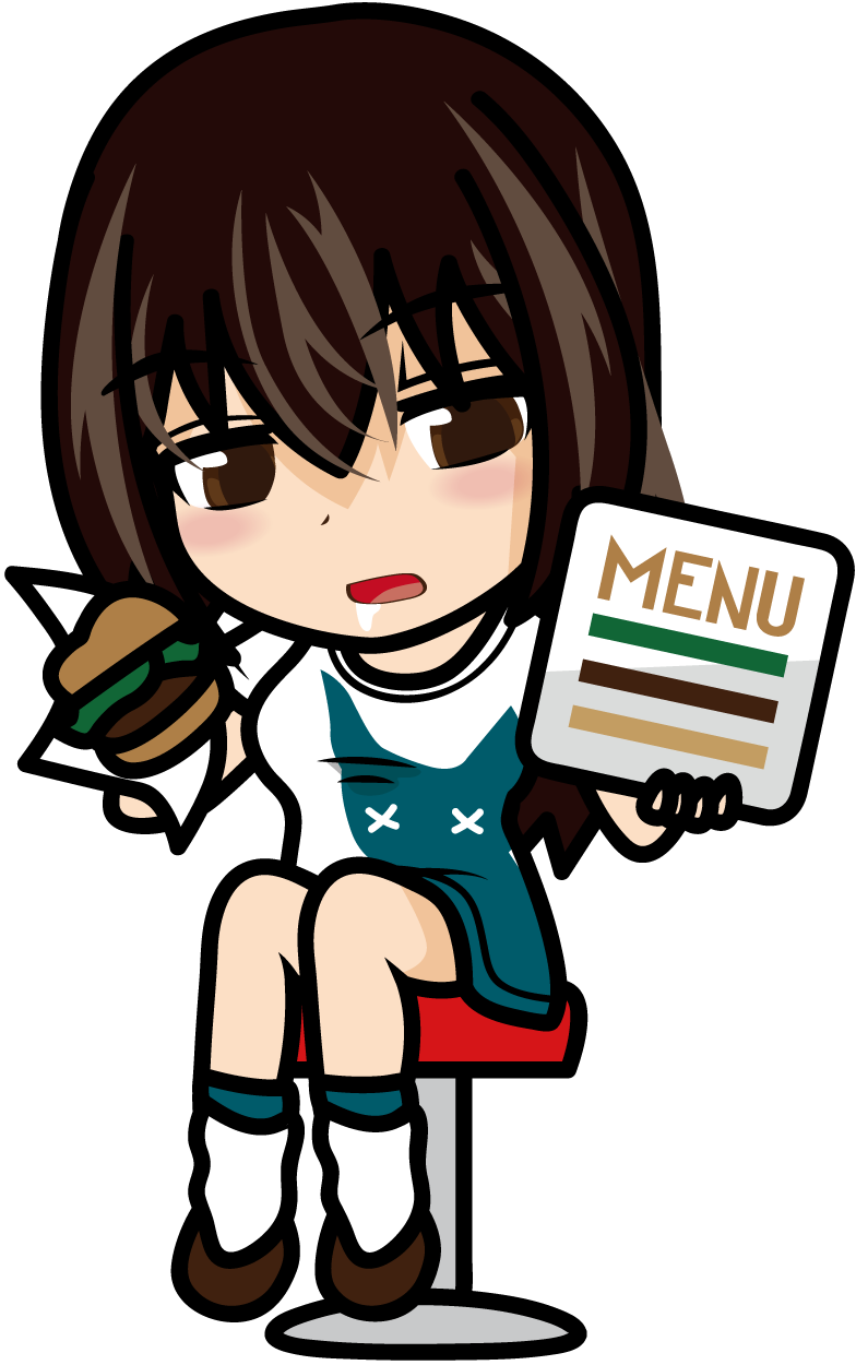 ハンバーガーとハンバーガーメニューを持って座る女の子のイラスト素材