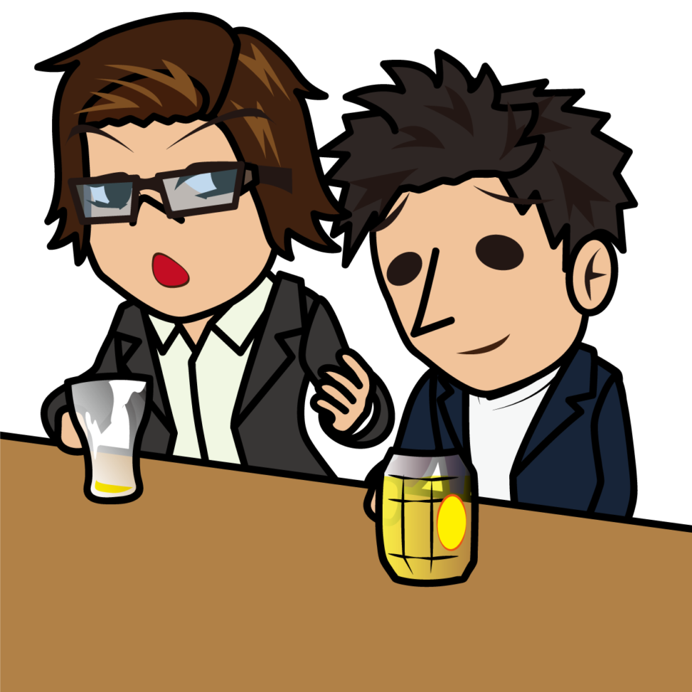 ビールを飲み干して語る男性とハイボールを飲みながら聞く男性のイラスト素材 うりぼぅ とびぃ Veglキャラクターイラスト素材